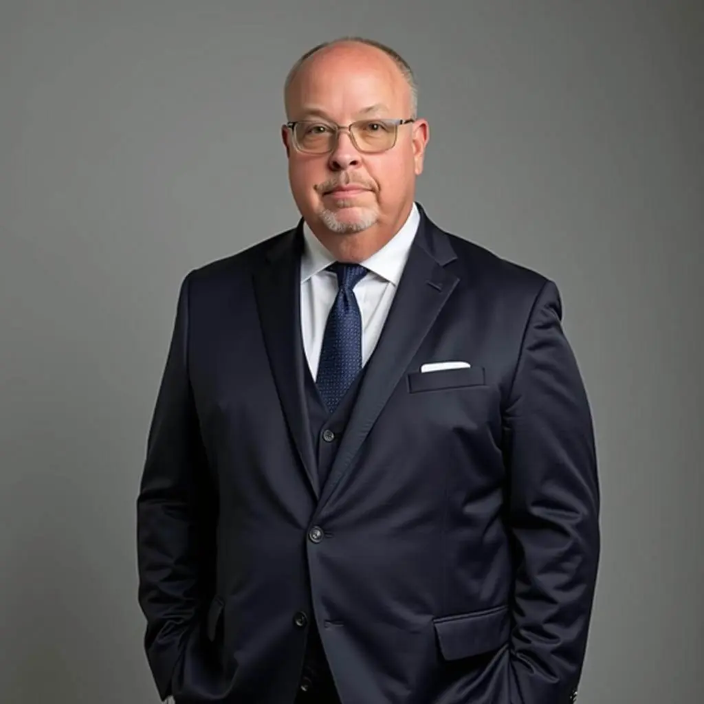 Middle-aged man wearing navy suit and tie